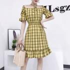 Plaid Short-sleeve Square Neck A-line Dress