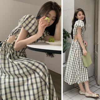 Puff-sleeve Cutout Plaid Midi Dress