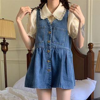 Puff-sleeve Lace Trim Blouse / V-neck A-line Denim Dress
