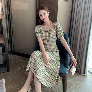 Short-sleeve Button Plaid Midi A-line Dress