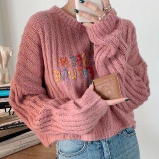 Letter Embroidered Sweater Pink - One Size