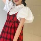 Puff Sleeve Shirt / Spaghetti Strap Plaid A-line Dress
