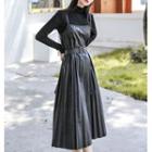 Set: Turtleneck T-shirt + Faux Leather Spaghetti Strap Midi A-line Dress