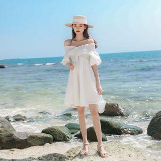 Off-shoulder Frill Trim Smock Dress