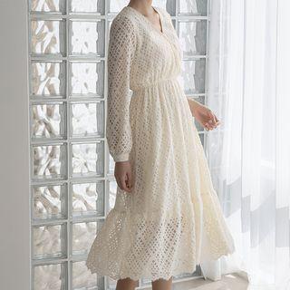 Ruffled Textured Lace Long Dress Ivory - One Size