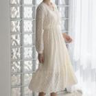 Ruffled Textured Lace Long Dress Ivory - One Size