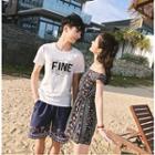 Couple Matching Printed Off Shoulder Short Sleeve Dress / Lettering Short Sleeve T-shirt / Shorts