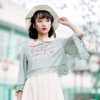 Lettering Embroidered 3/4-sleeve Lace Top