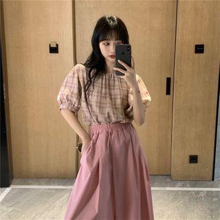 Short-sleeve Plaid Top / Wide-leg Pants