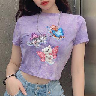 Short Sleeve Tie-dyed Cat Print Crop Top