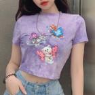 Short Sleeve Tie-dyed Cat Print Crop Top