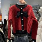 Contrast Trim Bow Cardigan Black & Red - One Size