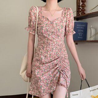 Puff-sleeve Sweetheart Neckline Floral Drawstring Mini Dress