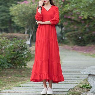 Plain V-neck 3/4 Sleeve Midi Dress