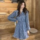 Long-sleeve Floral Pleated Jumpsuit Blue - One Size
