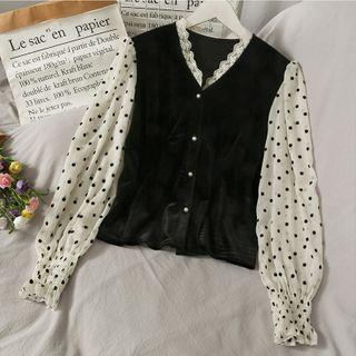Patchwork Button-up Velvet Top Black - One Size