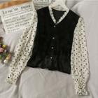 Patchwork Button-up Velvet Top Black - One Size