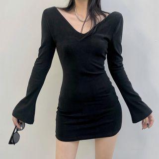 Long-sleeve V-neck Plain Bodycon Dress
