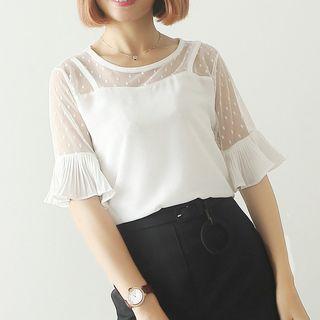 Mesh Panel Bell-sleeve Chiffon Blouse