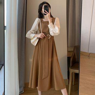 Puff Sleeve Square Neck Two Tone Midi Dress