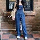 Letter Embroidered Distressed Wide Leg Denim Dungaree