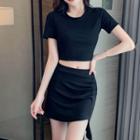 Set: Short-sleeve Plain Crop Top + Mini Skirt