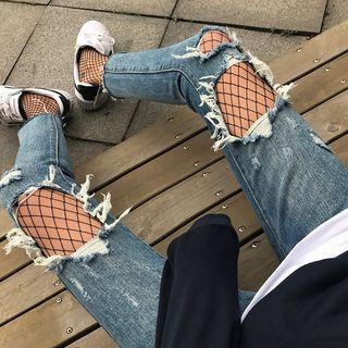 Set: Distressed Straight Leg Jeans + Fishnet Tights