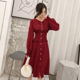 Puff-sleeve Smocked Midi A-line Dress