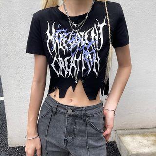 Short-sleeve Print Asymmetrical Hem Cropped T-shirt