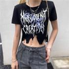 Short-sleeve Print Asymmetrical Hem Cropped T-shirt