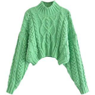 Faux Pearl Cable Knit Cropped Sweater