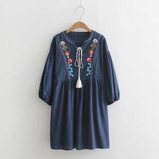 Long-sleeve Embroidered Tie-neck Dress