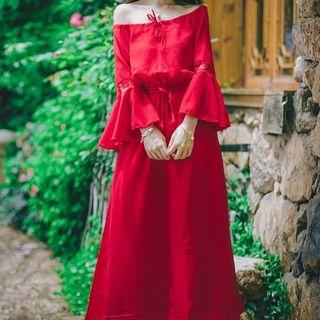 3/4-sleeve Drawstring Waist Midi A-line Dress