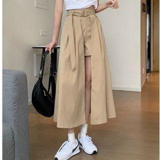 Plain High-waist Culottes Khaki - One Size