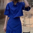 Elbow-sleeve Cropped Shirt / Frill Trim A-line Mini Skirt