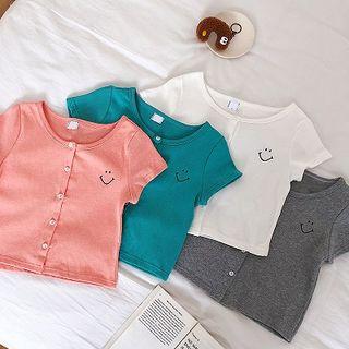 Picture Embroidered Single-breasted Slim-fit Short-sleeve Top