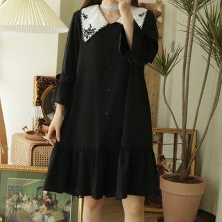 3/4-sleeve Collared Ruffled Dress