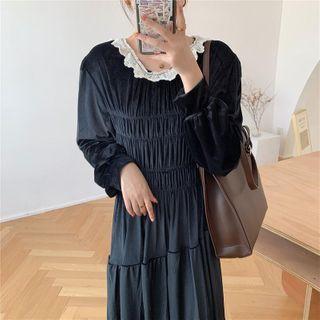 Round-neck Color-block Lace-trim Velvet Dress Black - One Size