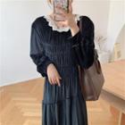 Round-neck Color-block Lace-trim Velvet Dress Black - One Size
