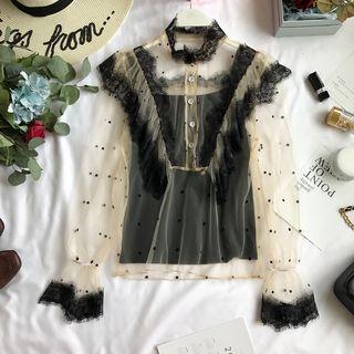 Set: Long-sleeve Lace Trim Mesh Top + Camisole
