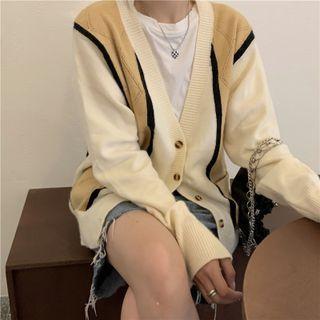 V-neck Two-tone Cardigan Beige - One Size