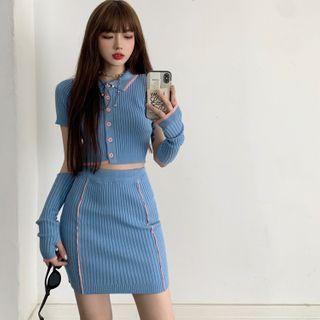 Short-sleeve Knit Polo Top / Arm Sleeves / Mini Skirt / Set