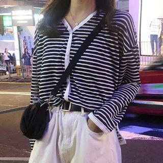 Striped Long-sleeve Buttoned T-shirt As Shown In Figure - One Size