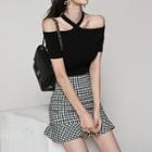 Set: Short-sleeve Cold Shoulder Top + Plaid Mini Fitted Skirt