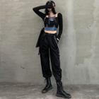 Long-sleeve Lace Up Cropped T-shirt / Waist Chain / Cropped Harem Pants / Set