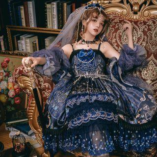 Strappy Print A-line Dress / Choker / Arm Sleeve / Belt / Veil / Set