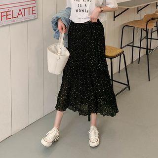 Band-waist Dotted Crinkled Long Skirt