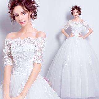 Off-shoulder Flower Applique Ball Wedding Dress