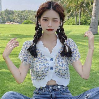 Short-sleeve Lettuce Edge Button-up Floral Cropped Blouse