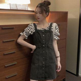 Puff-sleeve Ruffle Trim Floral Cropped Blouse / Single-breasted Denim Overall Dress